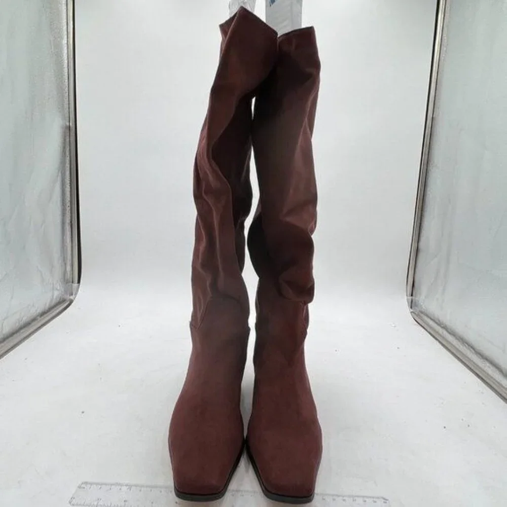 FSJ Brown Knee High Boots Stacked Chunky Heel Closed Toe Suede Wide Calf Shoes